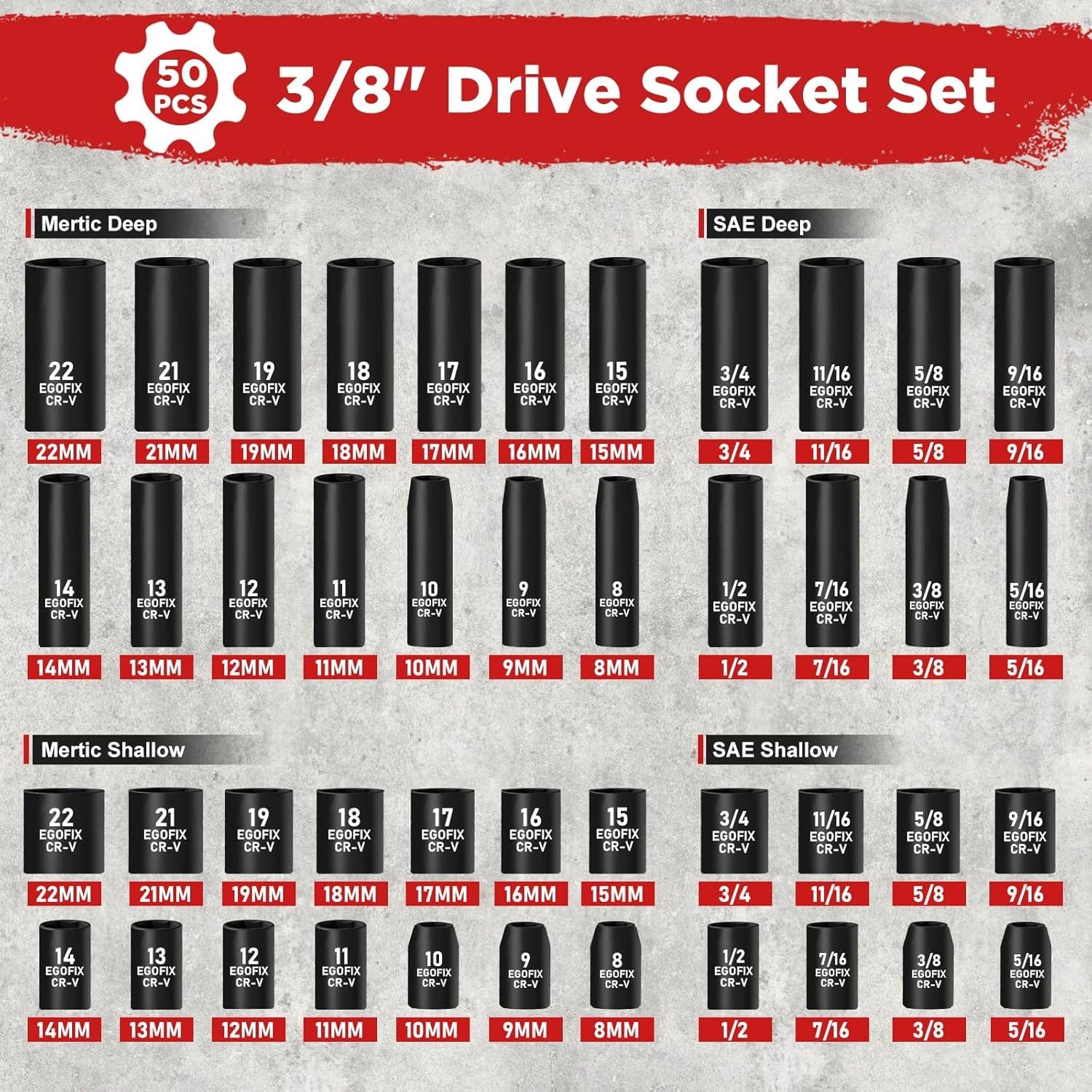 Complete 50-Piece Chrome Vanadium Socket Set with 6-Point Design & Accessories
