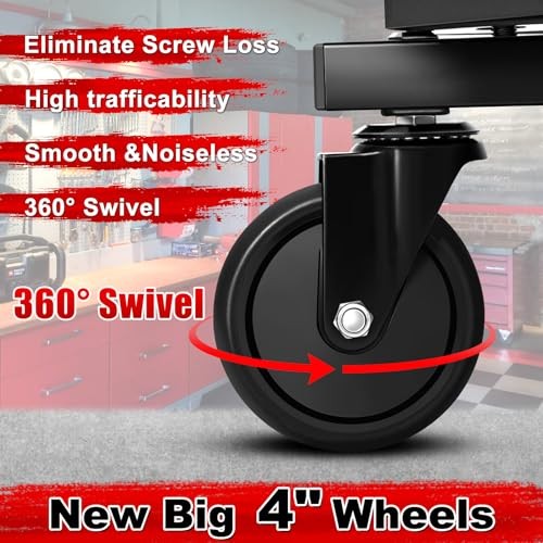 Rolling Stool with Wheels, Adjustable Height Pneumatic Garage Work Mechanic Red