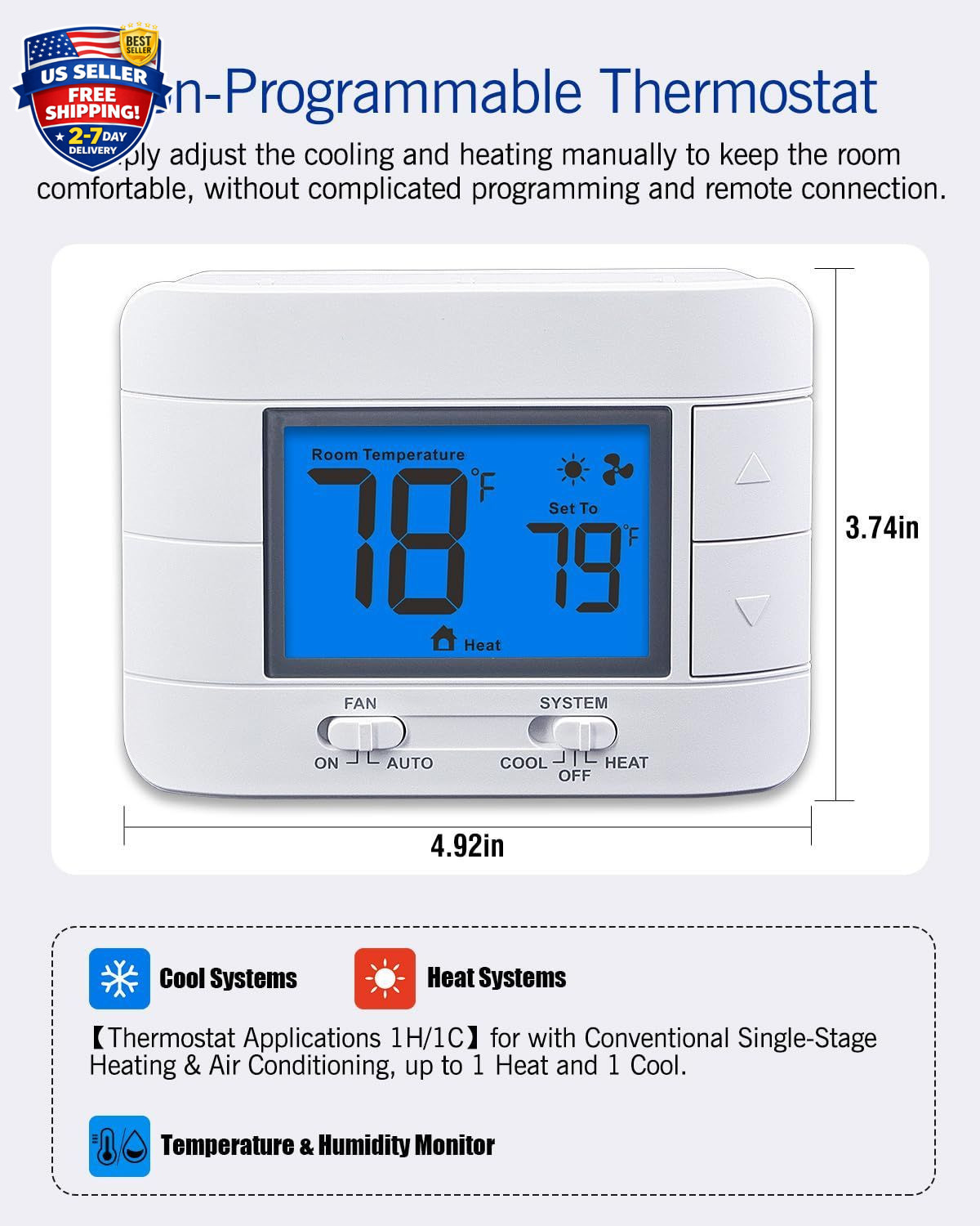 Non Programmable Thermostat for Home 1 Heat/ 1 Cool Single-Stage System, Tempera