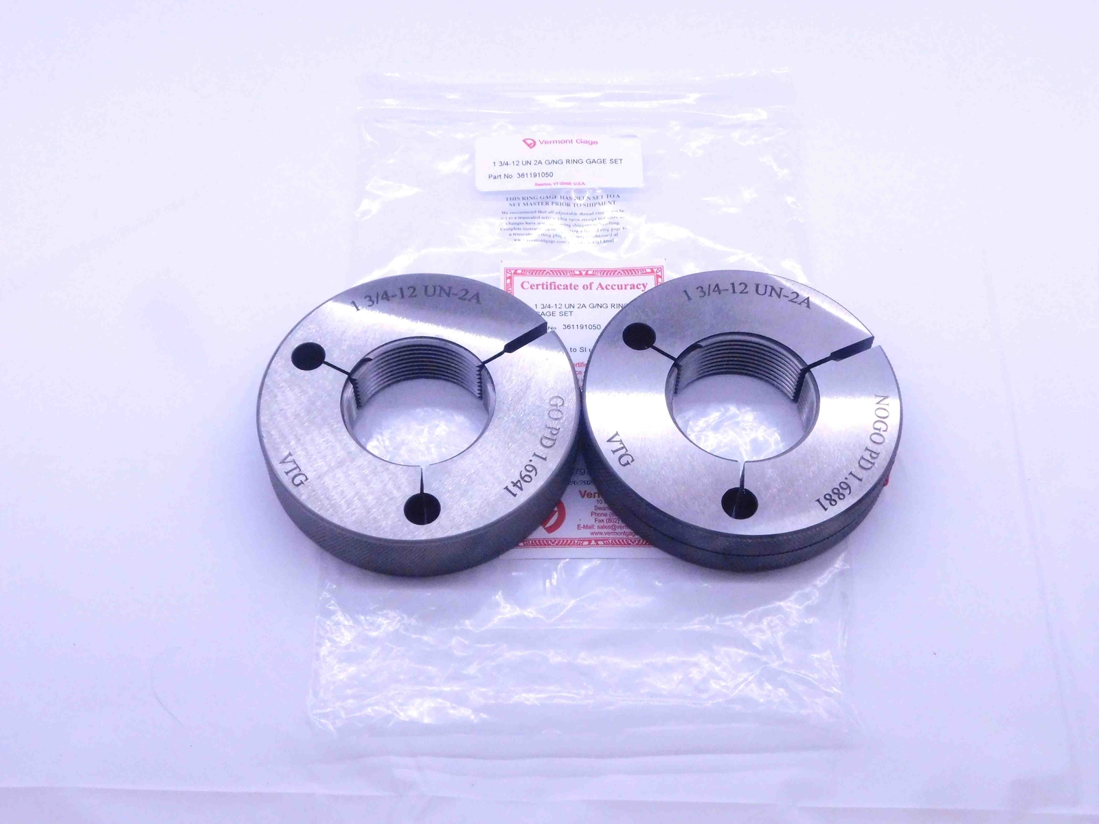 NEW 1 3/4 12 UN 2A VERMONT THREAD RING GAGES 1.75 GO NO GO PDS= 1.6941 & 1.6881