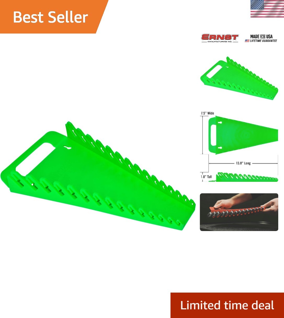 Professional-Grade Wrench Organizer in Green - Ideal for 1/4 to 1 1/8-Inch Sizes