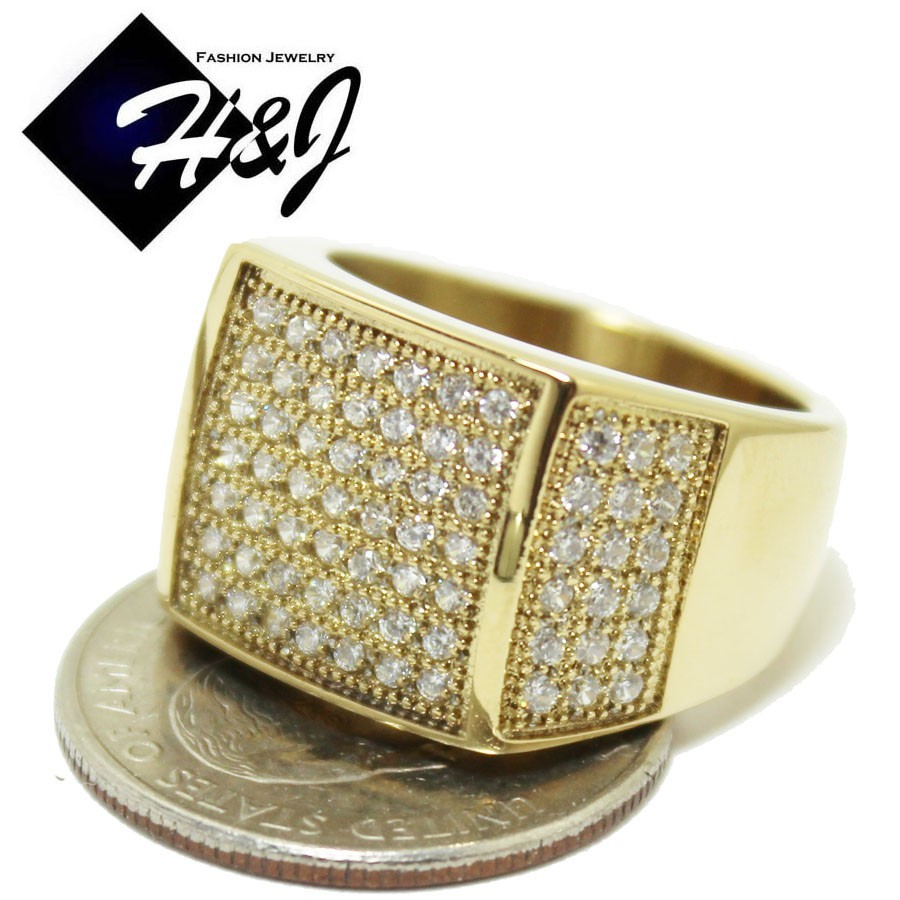MEN's Stainless Steel 2.55 CT Cubic Zirconia Bling Gold Plated Ring Size 7-12