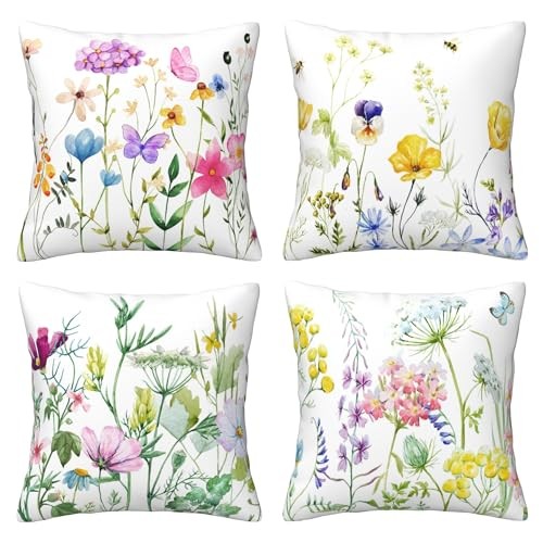 Summer Colorful Flowers Pillow Covers 18×18 Set of 18" x 18" (Pack of 4) White