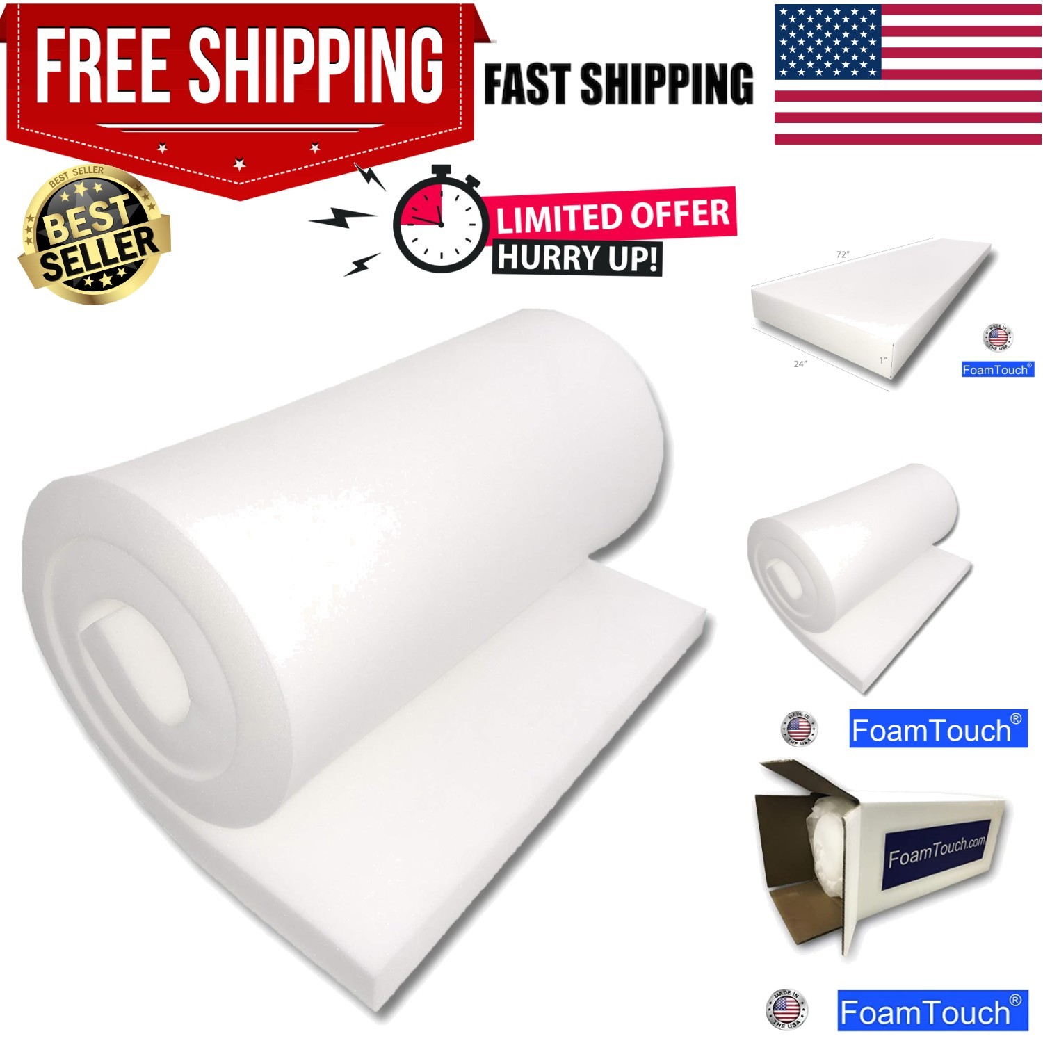 Upholstery Foam Cushion High Density 1" Height x 24" Width x 72" Length