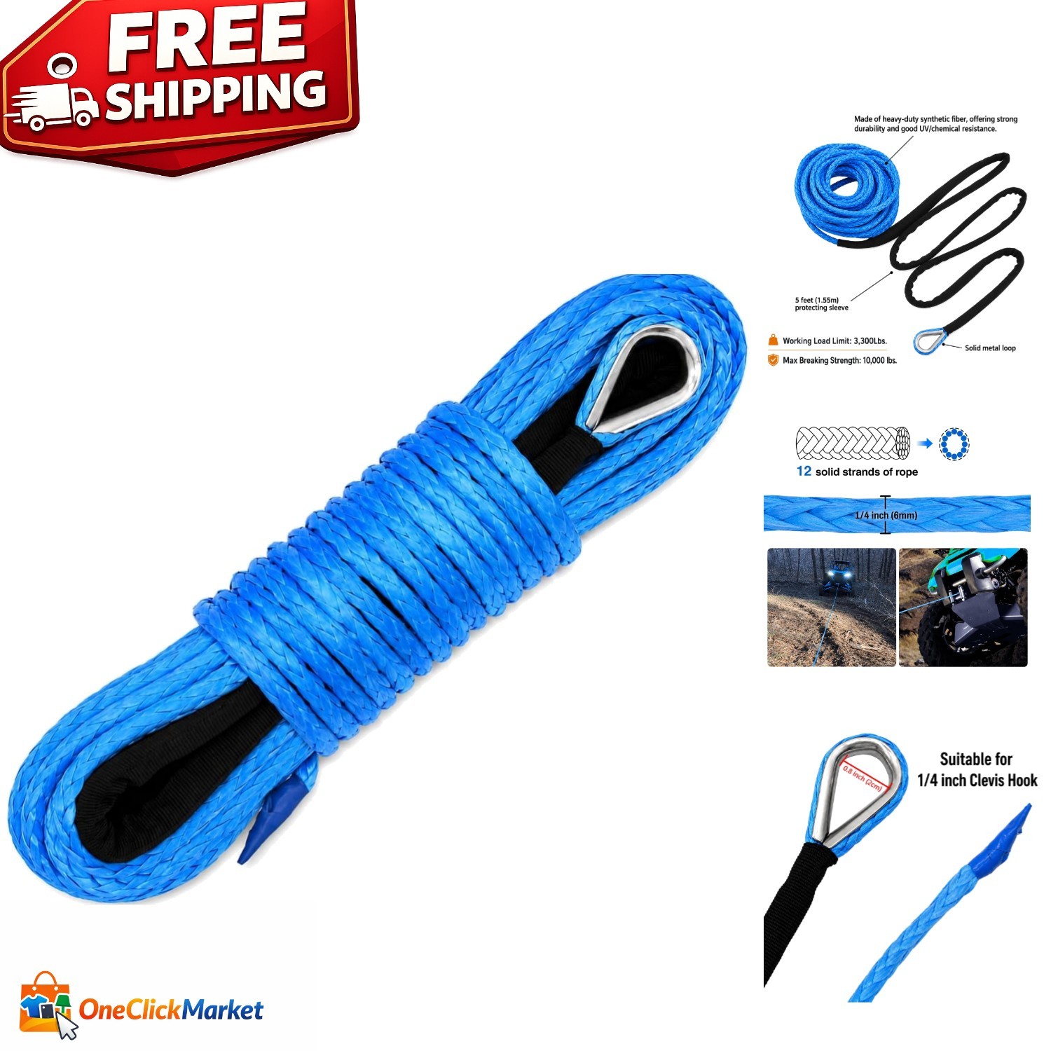 1/4" x 50' Synthetic Winch Cable - 10,000 LBs Load Capacity - Ideal for Off-Road
