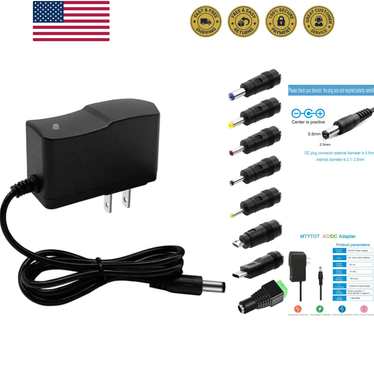 Versatile 9V 1A AC Adapter with 8 Interchangeable Tips for All Your Devices