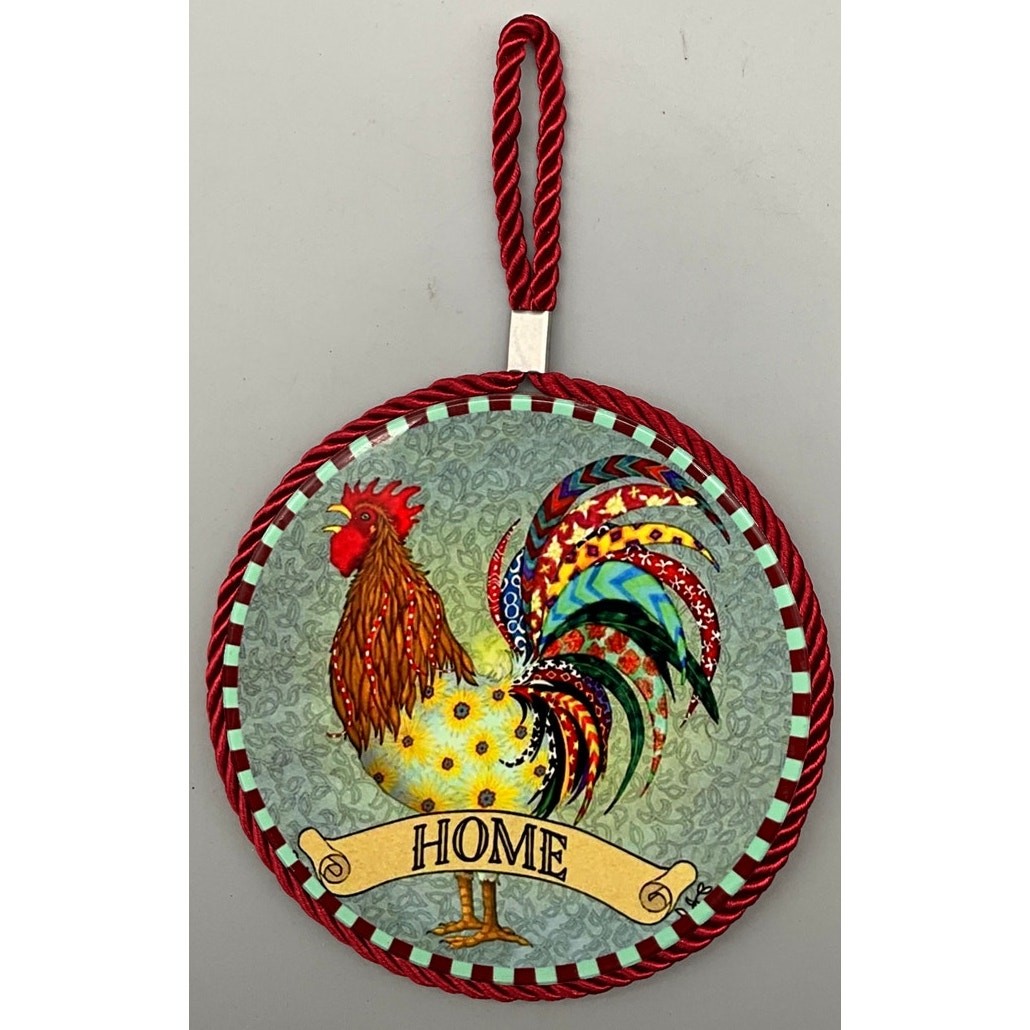 Hanging Wall Decor 5 1/2" Round Farmhouse Rooster Tile w/ cork back