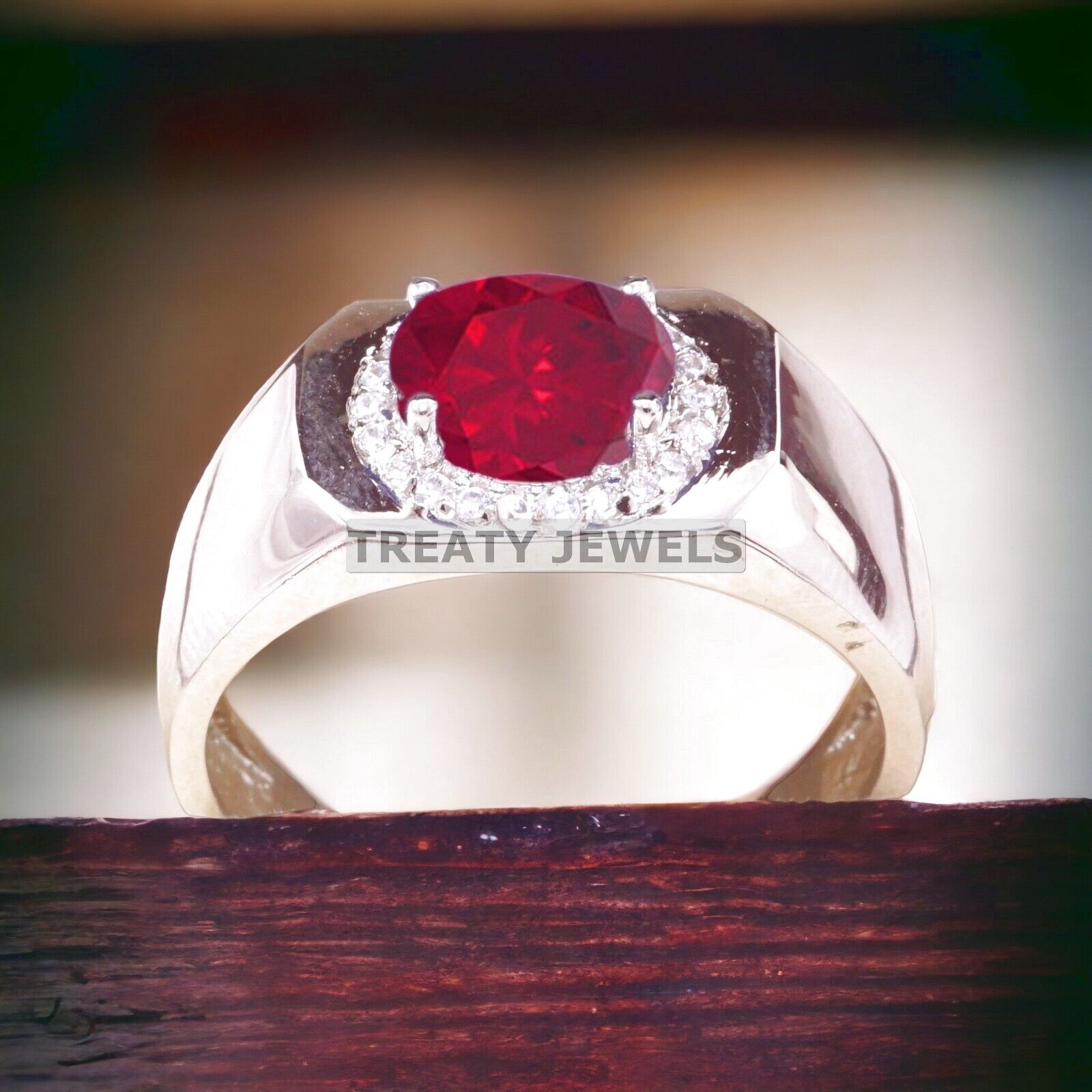 Ruby Oval Cut Gemstone With 14K Solid White Gold Ring For Men's #A514