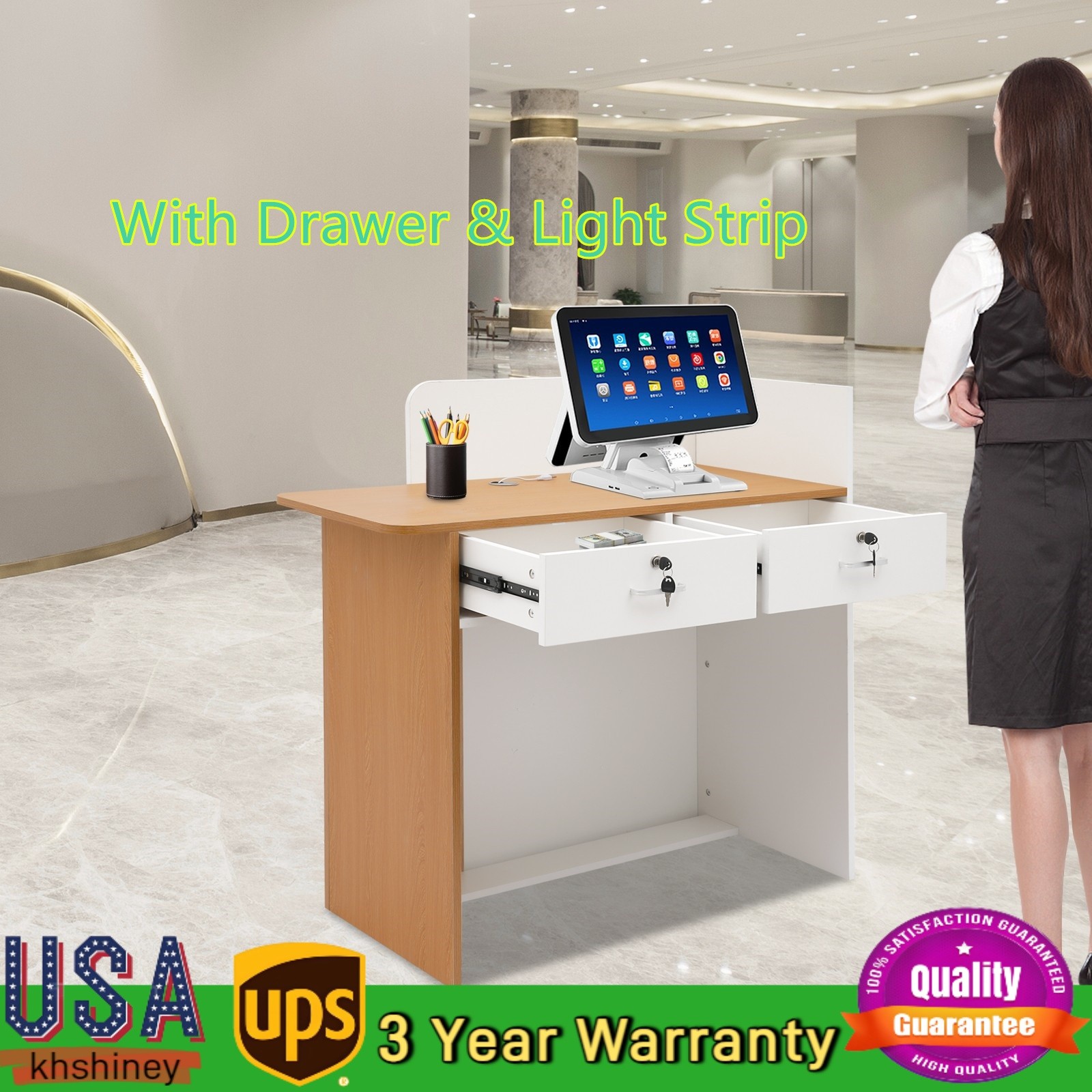 Reception Desk Wood Retail Checkout Counter Front Table W/2 Drawer & Light Strip