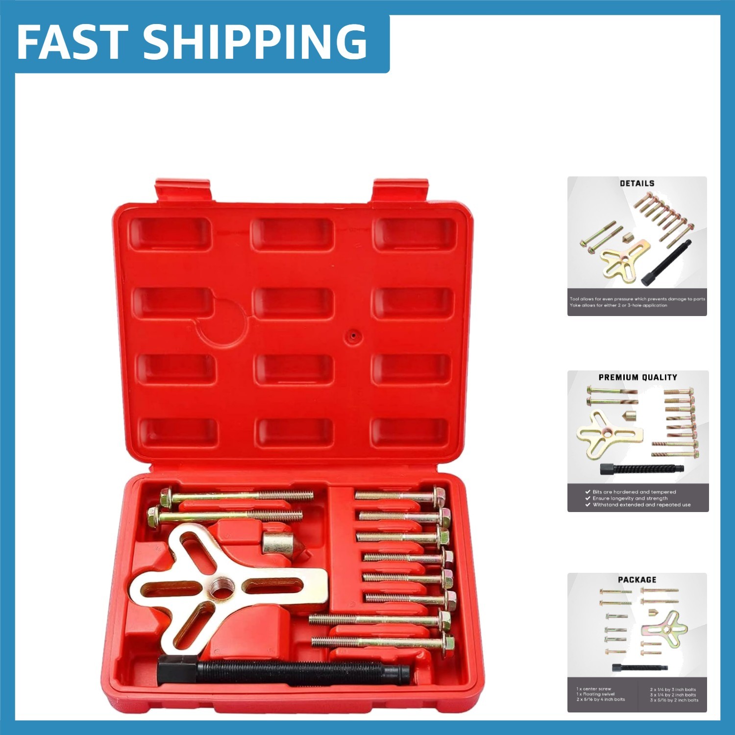 Lightweight 13-Piece Automotive Puller Kit with Blow Mold Case & Swivel Feature