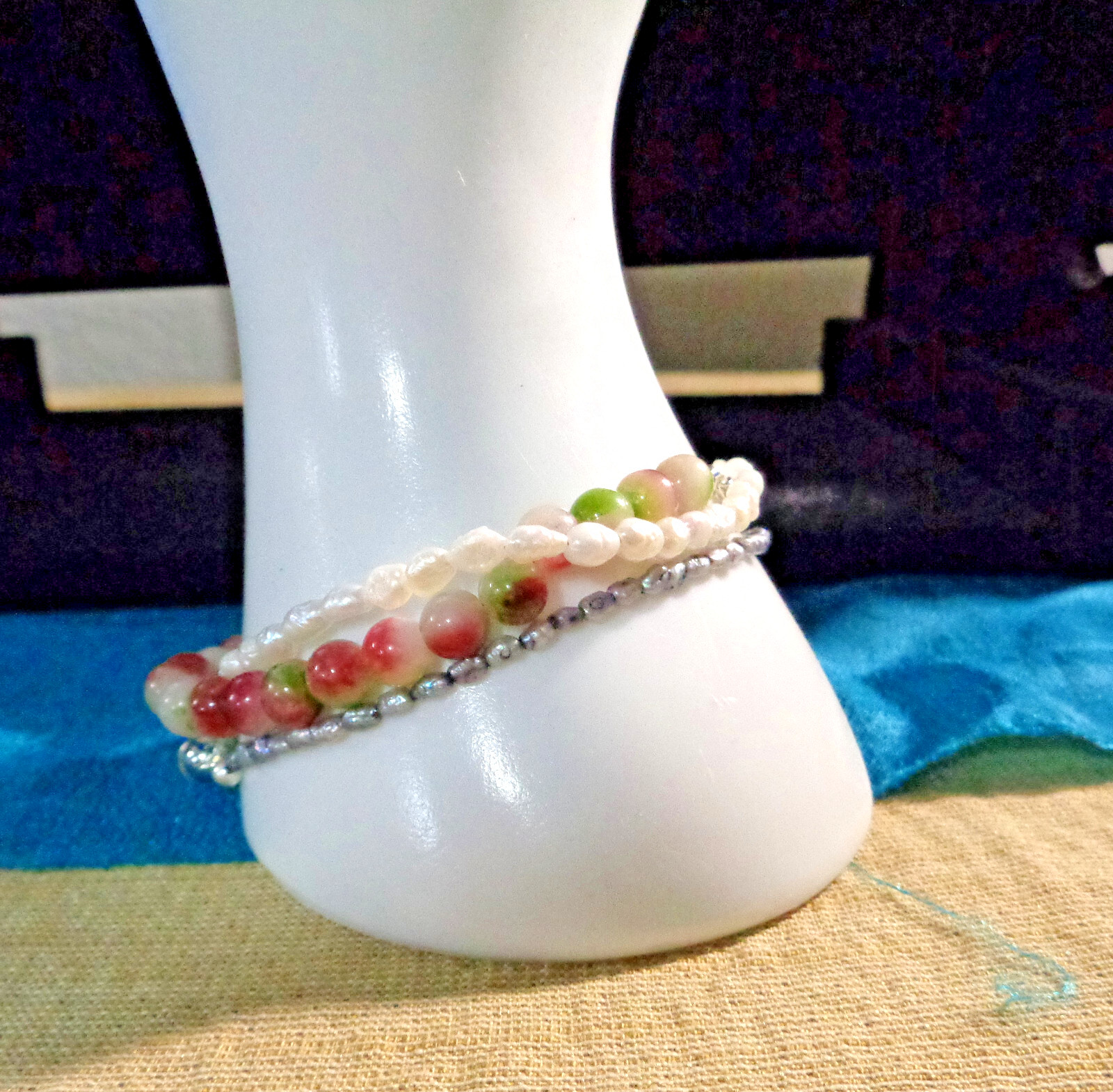 Set of 3 handcrafted bracelets 8" fw pearl,8 1/4" grey fw, and 8" watermelon