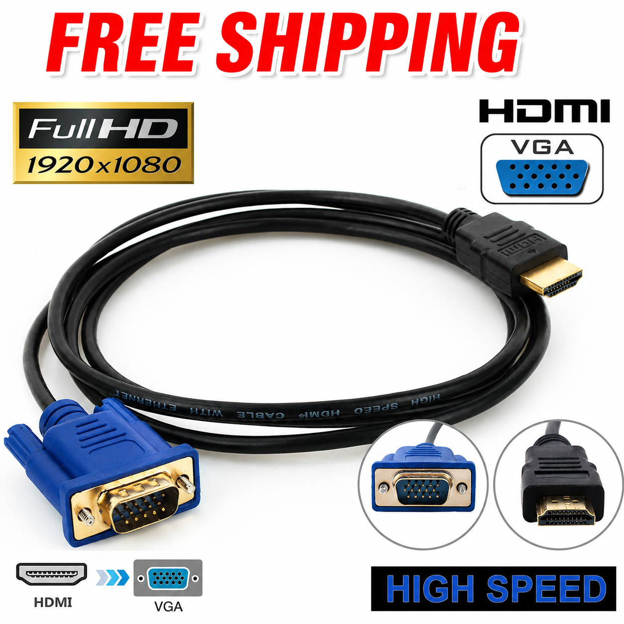 HDMI to VGA Converter Cable 1080P 6FT Male to Male Adapter for PC HDTV Monitor