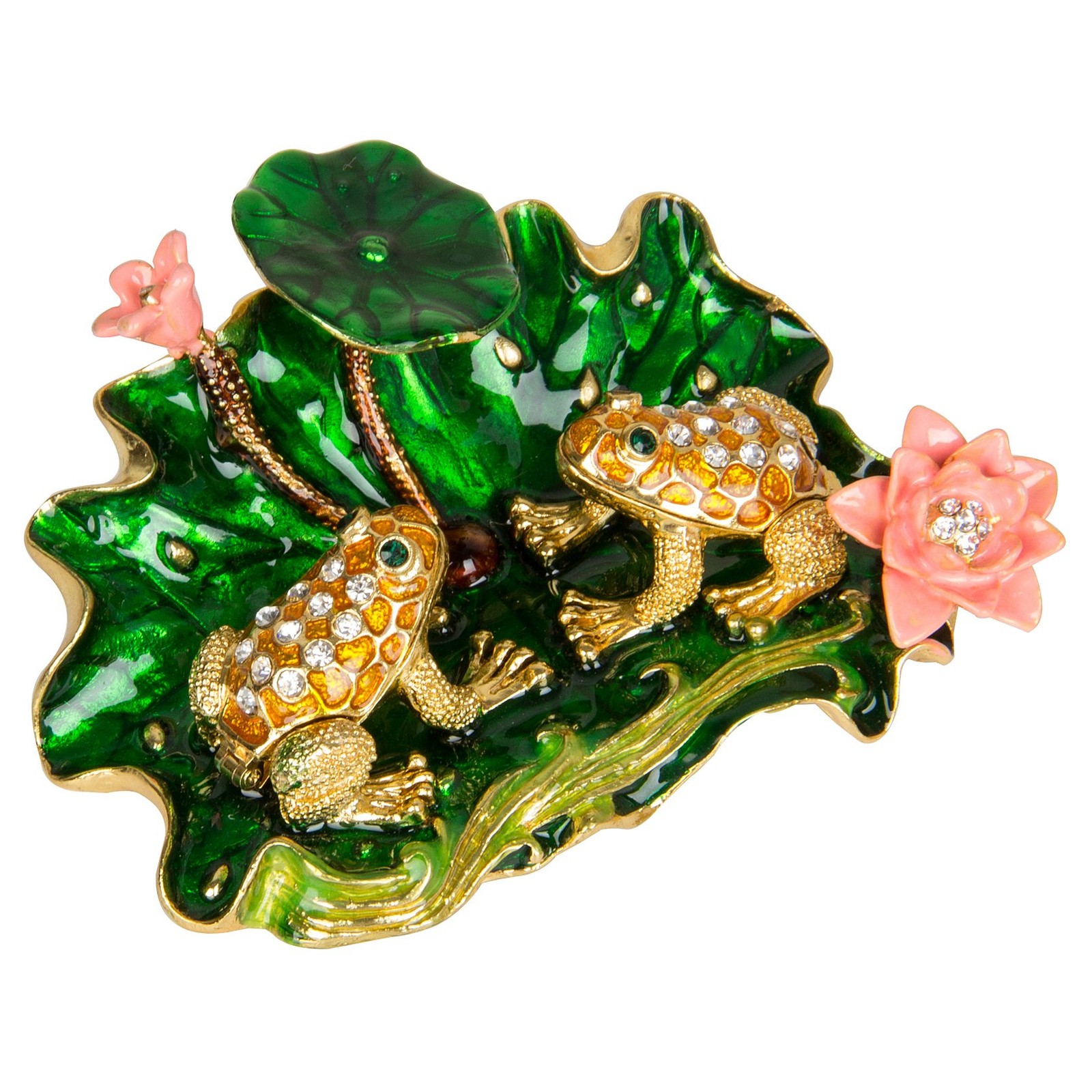 QIFU Hand Painted Enameled Frog with Lotus Decorative Hinged Jewelry F3 Green