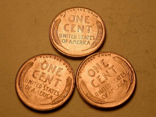 3 Different 1954-S Ch/Gem BU Red Uncirculated Lincoln Cent Die Break Errors#2