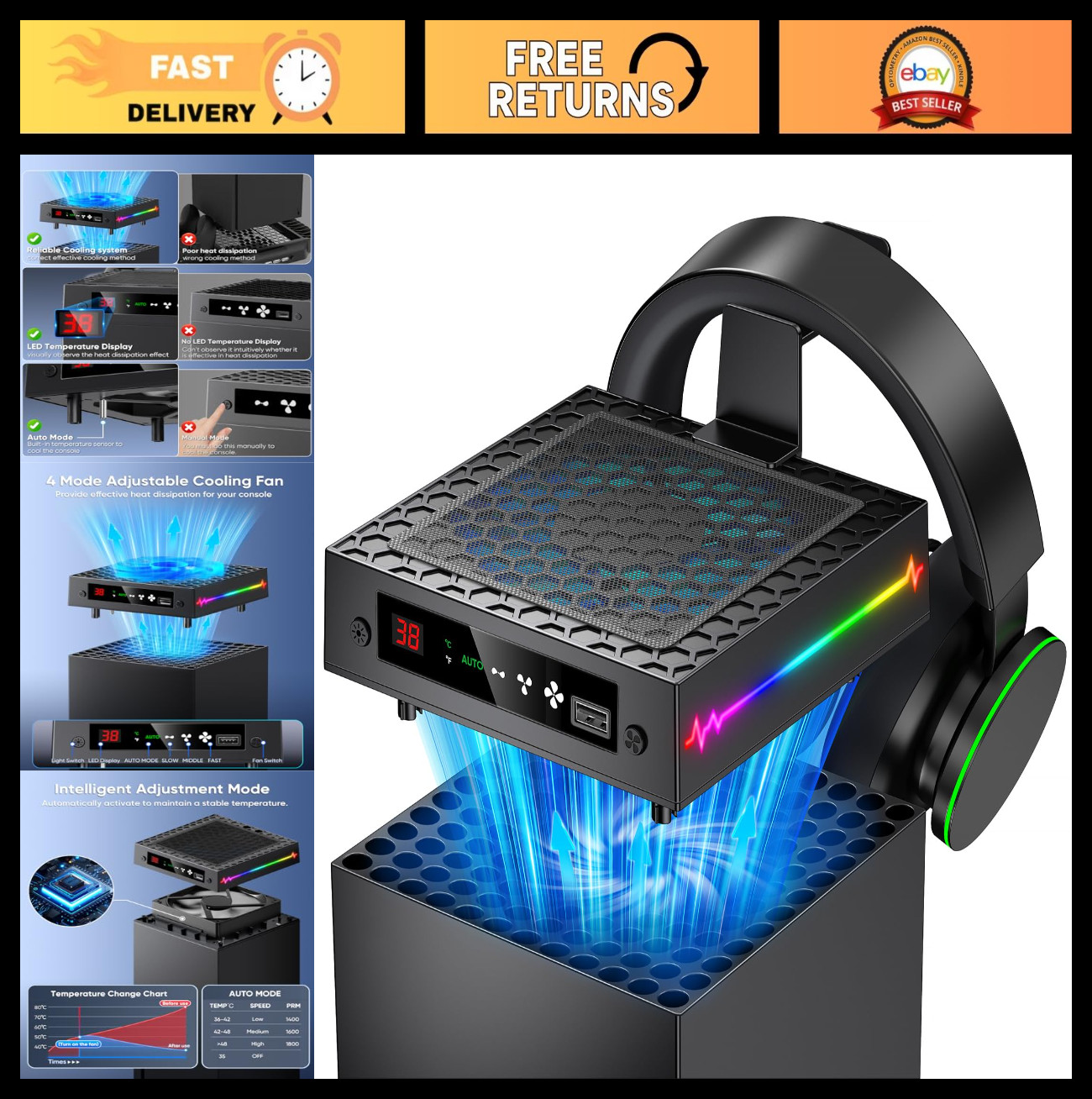 RGB LED Cooling Fan for Xbox Series X - Adjustable Temp, USB Port, Headset Hook