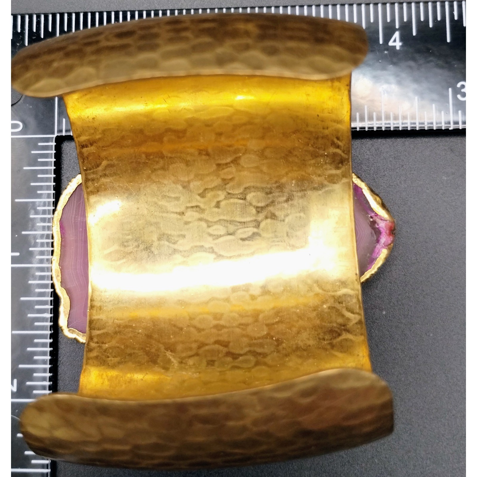 Handcrafted Hammered Goldtone Cuff Bracelet Pink Agate Geode Slice Statement