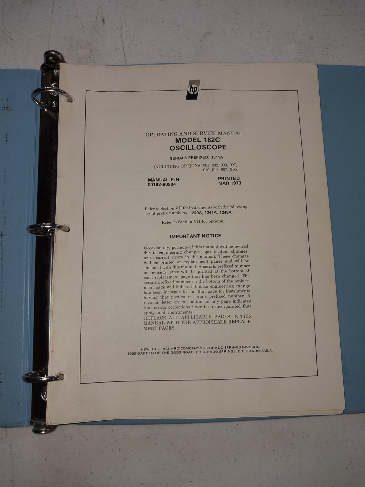 Original HP 182C Oscilloscope operating and service manual 00182-90904