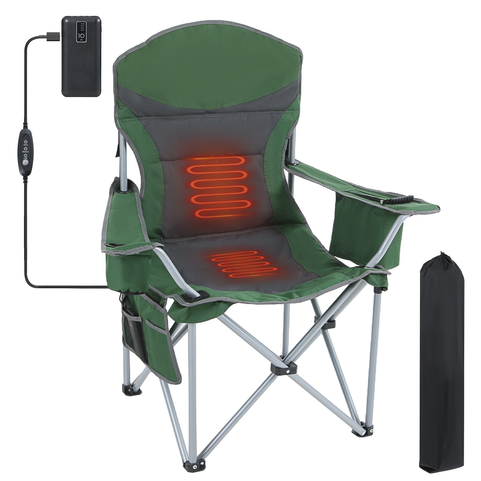 Heated Folding Camping Chair with Power Bank, Cooler & Carry Bag Included