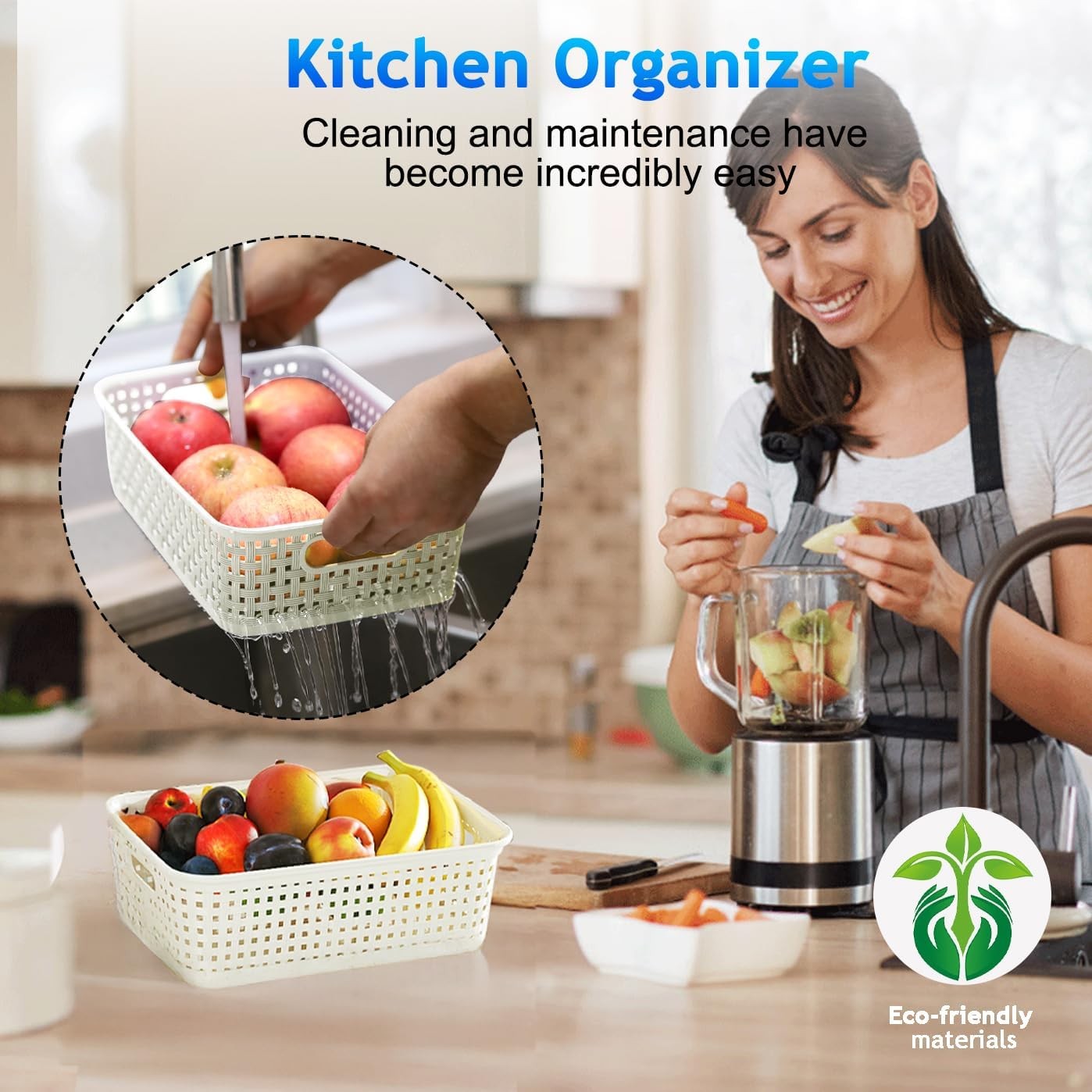 White Plastic Basket, 8 Pack Home Organization and Storage Baskets with Handl...