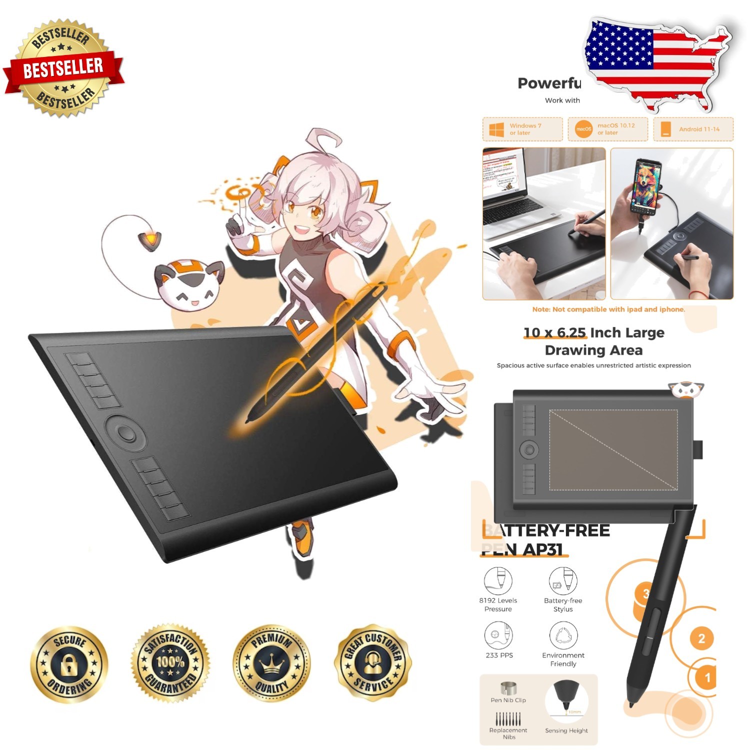 Large 10x6" M10K Graphics Tablet, Battery-Free Stylus, 8192 Pressure, Touch Ring