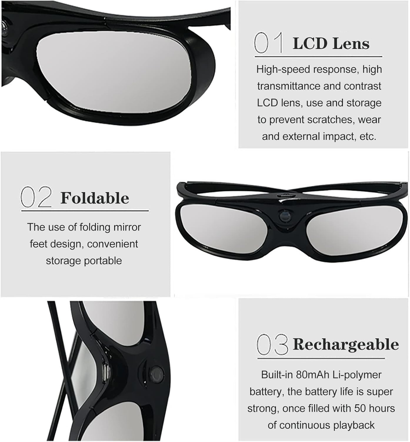 High-Performance 3D Glasses: Rechargeable, Lightweight, for Stunning Visuals
