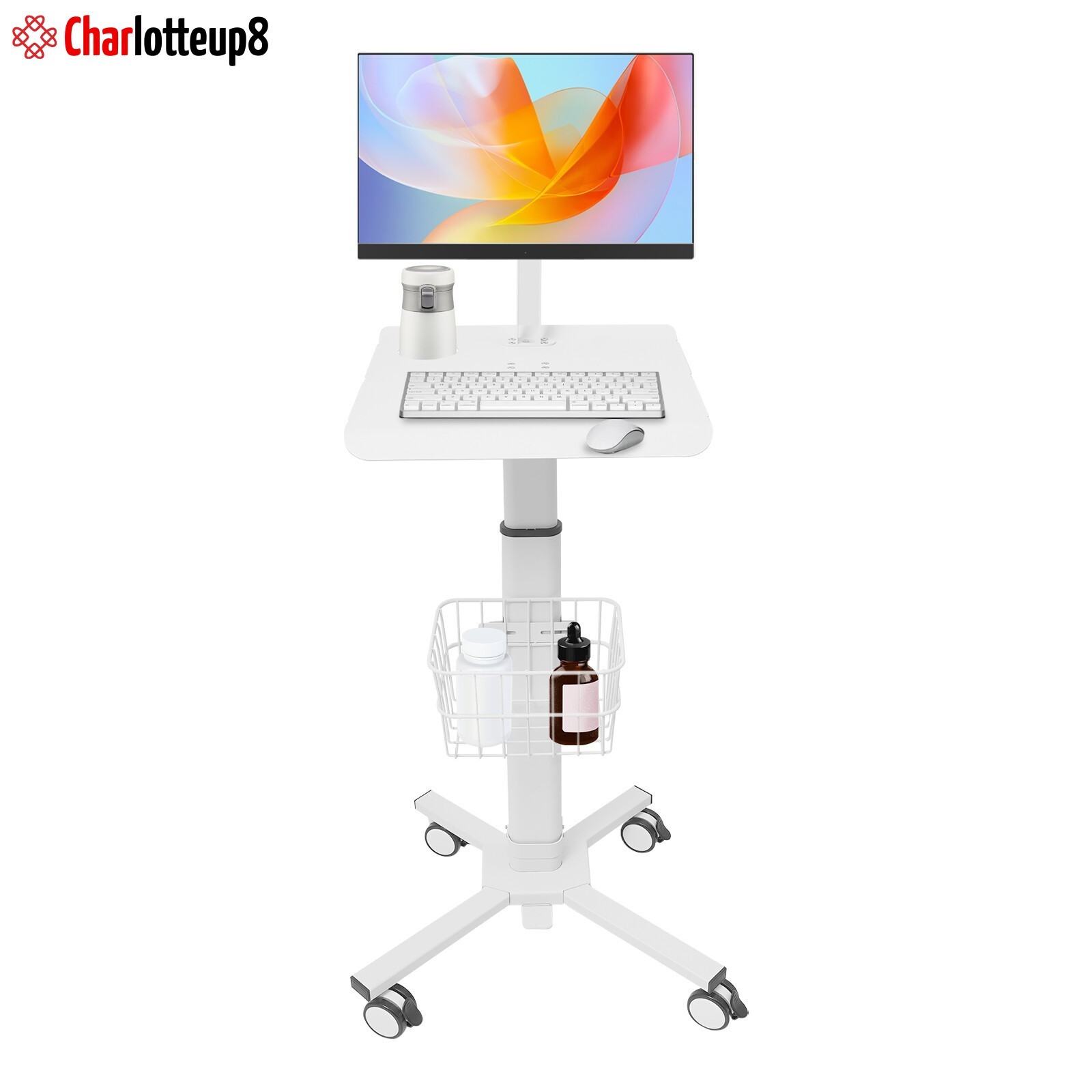 Rolling Medical Cart Height Adjustable Mobile Medical Tablet Cart White