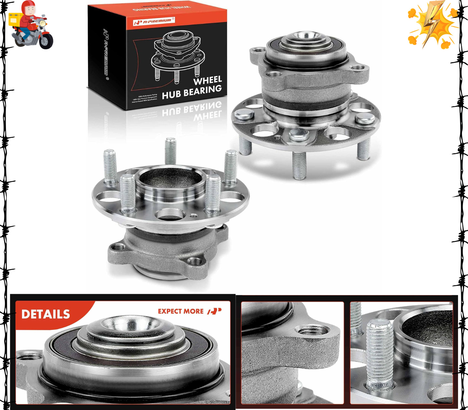 2 x Rear Wheel Bearing and Hub Assembly with 5-Lug Compatible with Honda