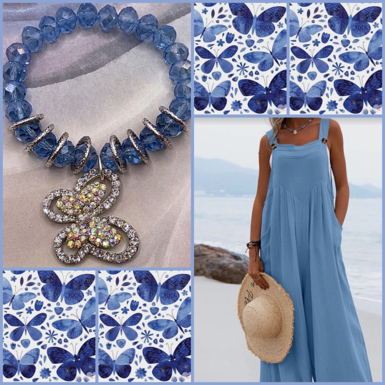 Rhinestone Butterfly Blue Bead Bracelet