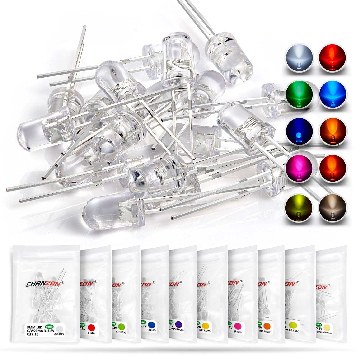 100pcs 5mm LED Assorted Kit 10 Colors x10 Clear Diodes