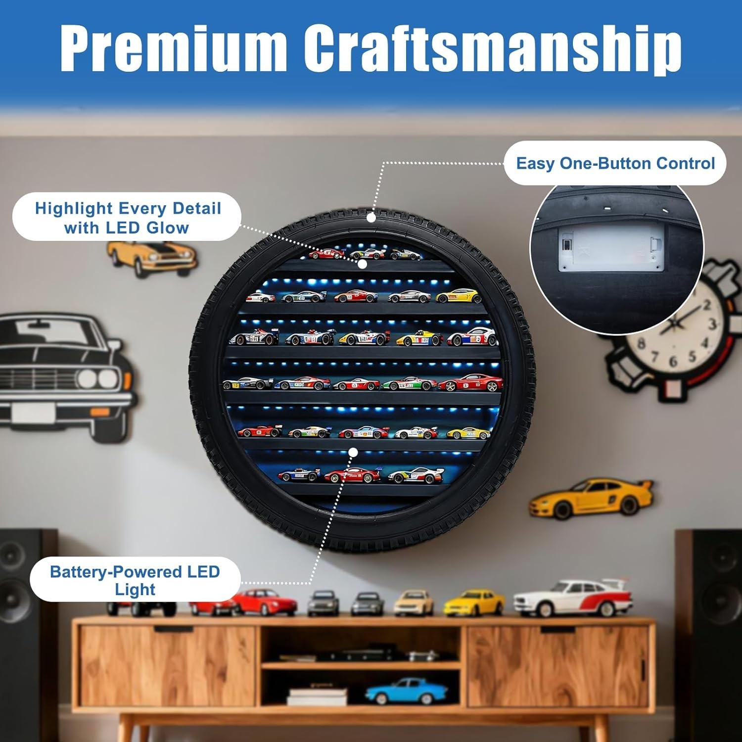 Car Display Case Tire LED Light Matchbox Hot 1/64 Model Diecast Wheels Cabinet