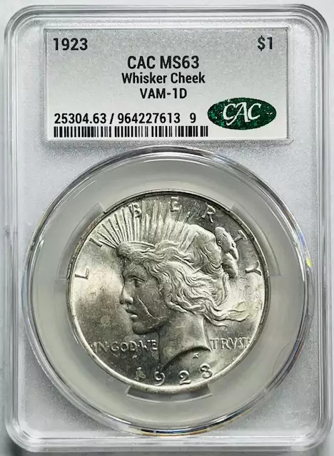 1923 Peace Dollar CACG MS 63 CAC Whisker Cheek VAM-1D
