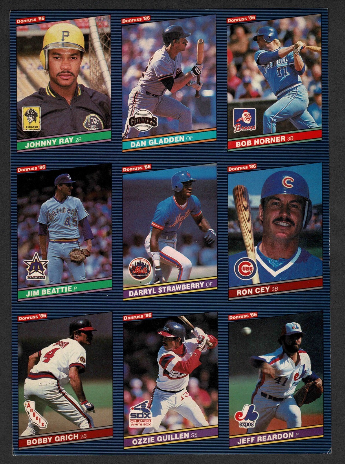 1986 Donruss Baseball Uncut 9-Panel, Darryl Strawberry, Gladden, Ozzie Guillen..
