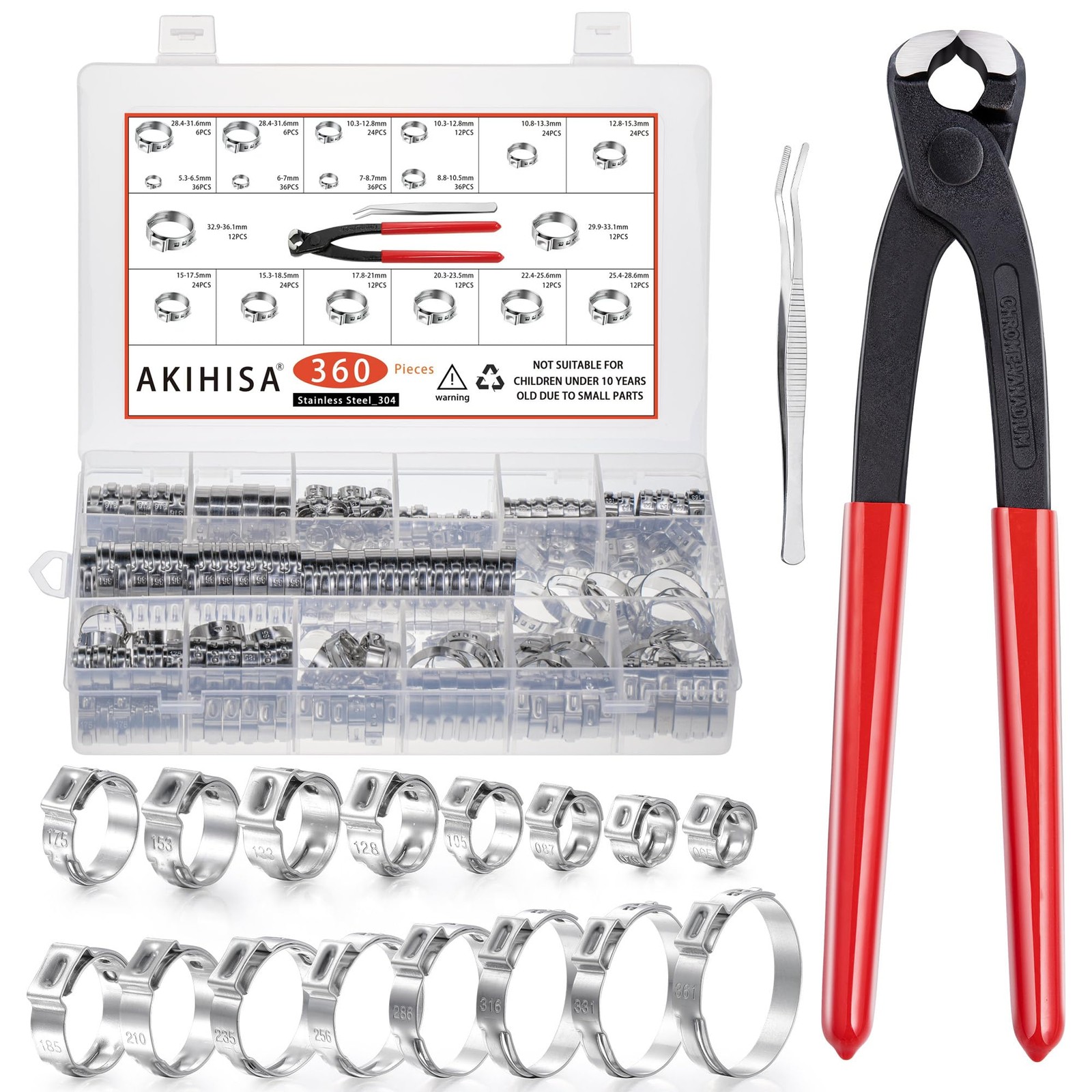 360pcs Stainless Steel Hose Clamps 5.3-36.1mm Kit for Automotive Plumbing