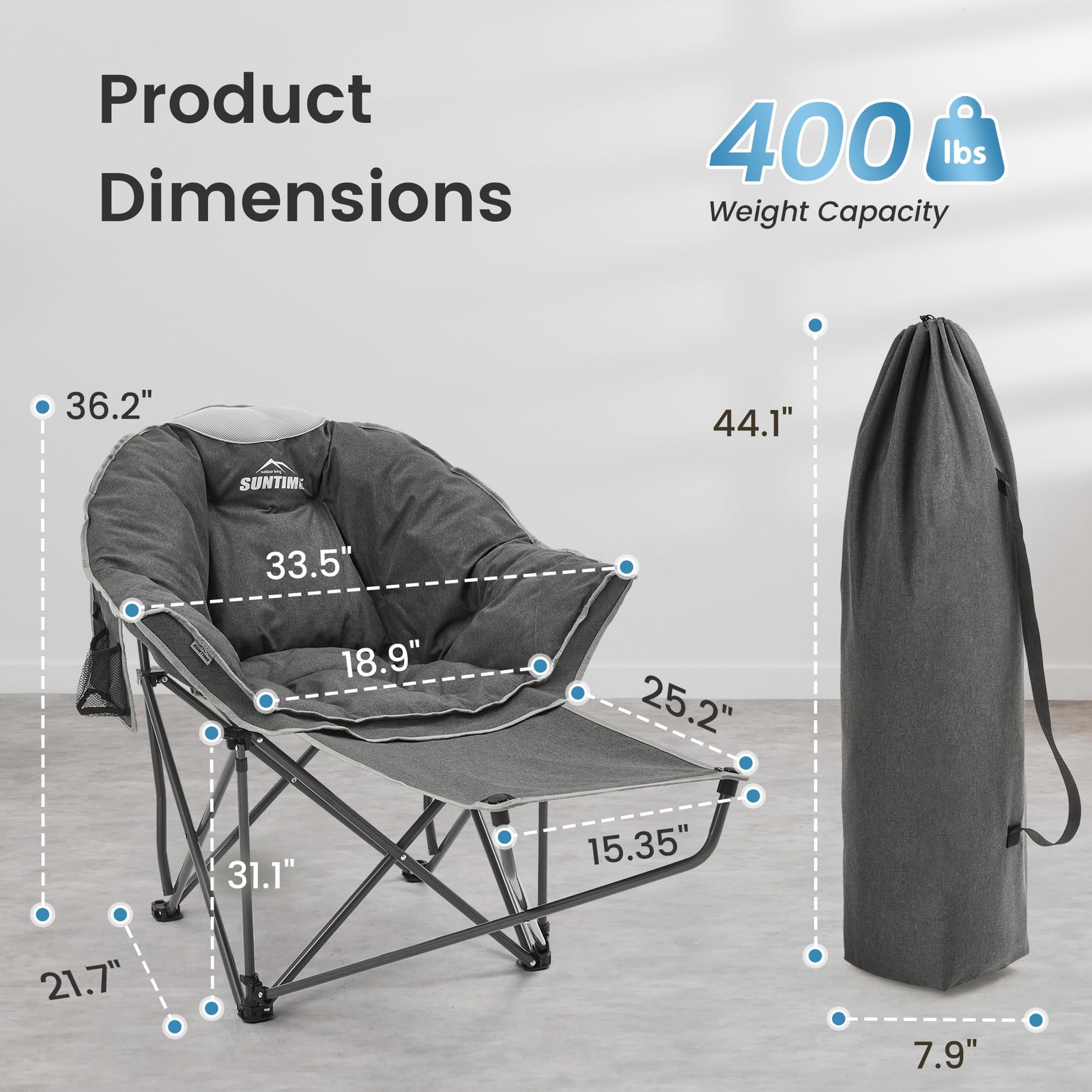 Oversized Padded Comfy Camping Chair with Removable Footrest，Weight Capacity ...