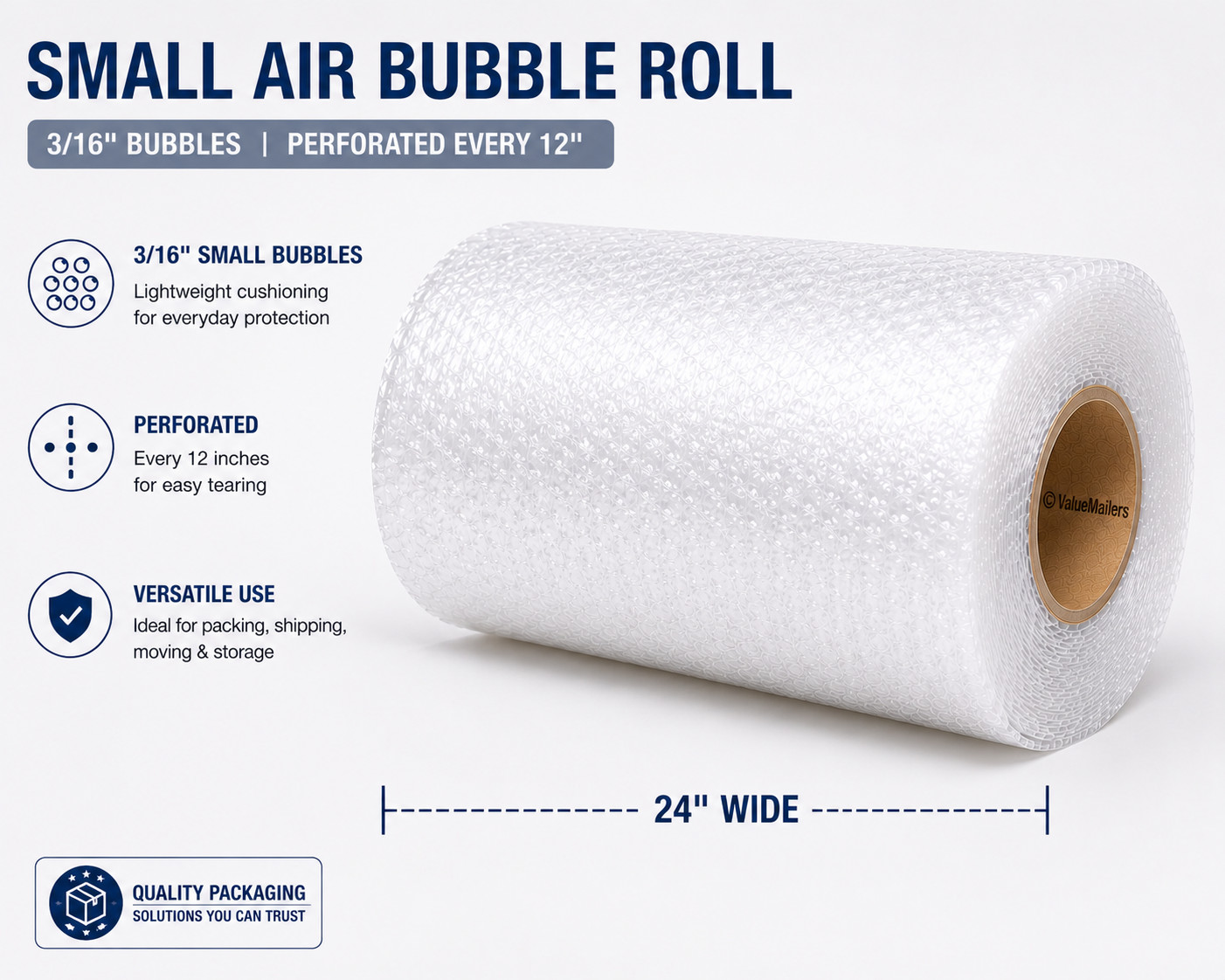 Small Bubble Roll 3/16" x 350' x 24" Perforated 3/16 Bubbles 700 Square Ft Wrap