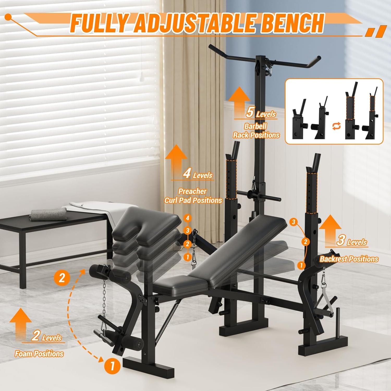 Adjustable Bench Press Station Weight Bench Home w/ Leg Extension & LAT Pulldown