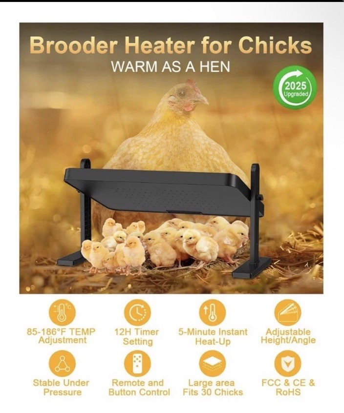 Chick Brooder Heater with Adjustable Temp (86~194℉) & 12H Timer & Height & Angle