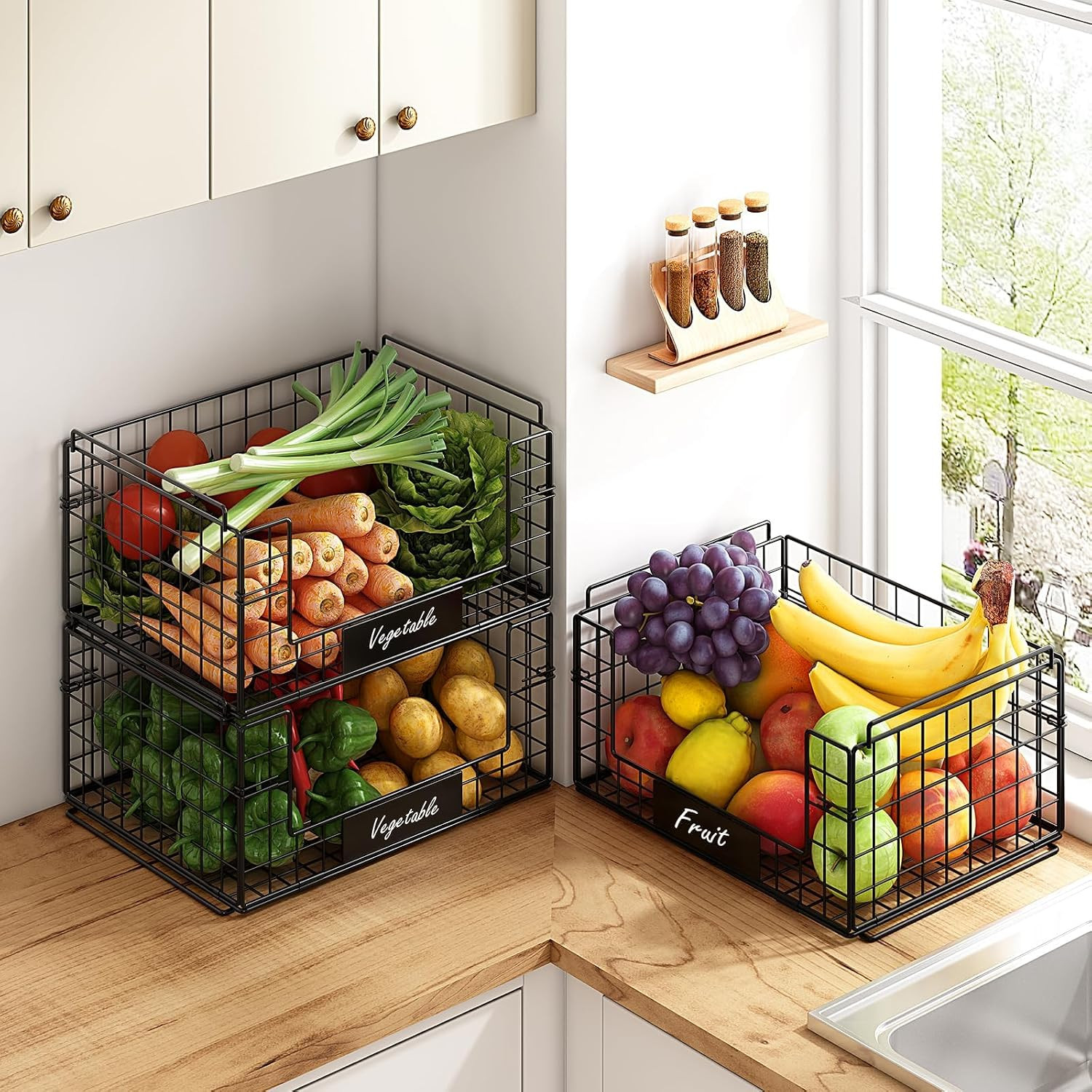 3 Pack XXL Stackable Wire Baskets, Pantry Organizers and Storage | Fruit Basket