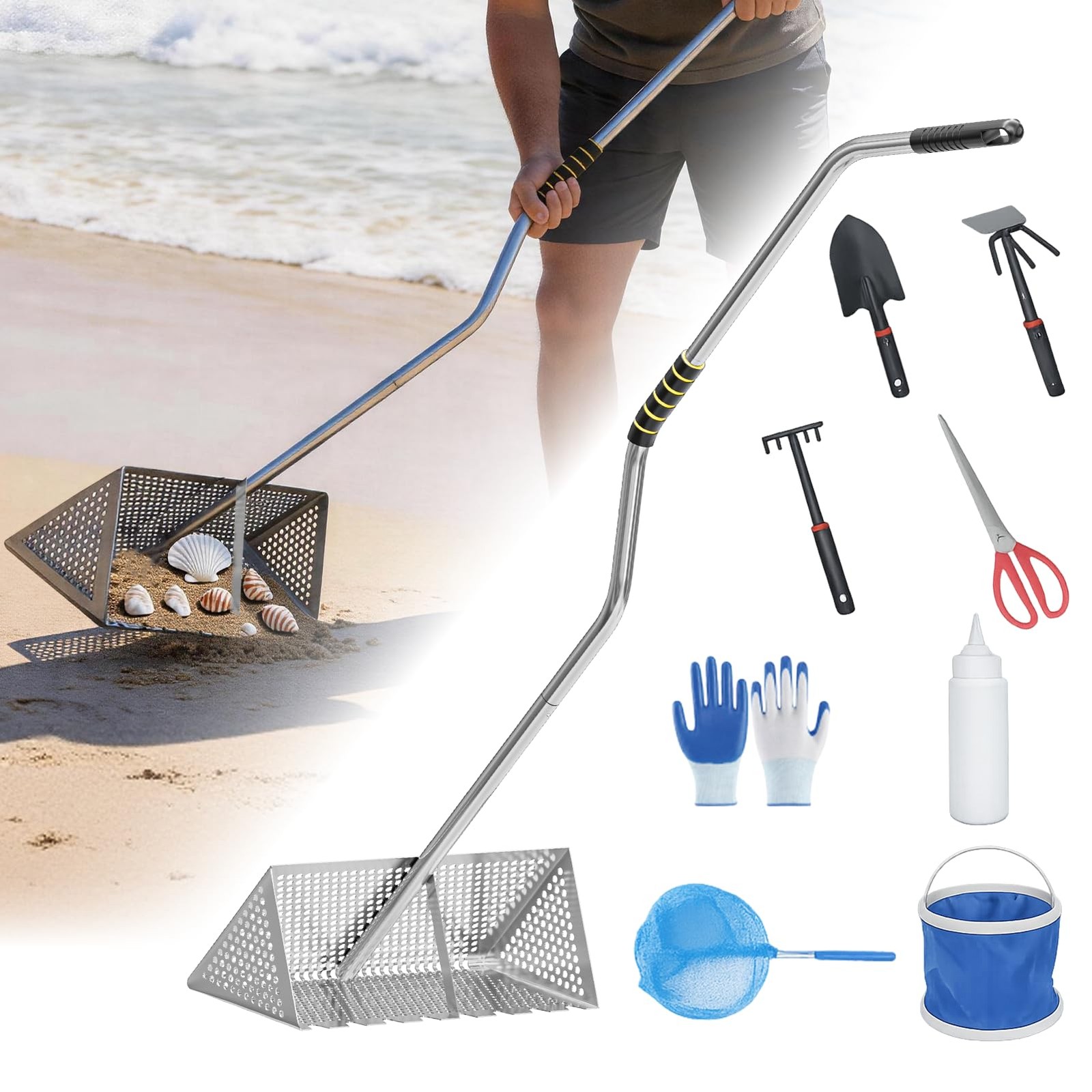 Sand Flea Rake, Stainless Steel Sand Sifter with Detachable Long Handle for B...