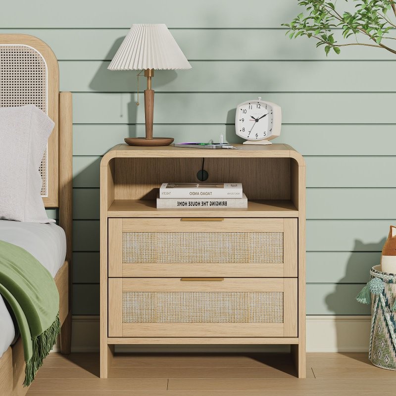 2PCS Nightstand Bedside End Table With 2 Drawers, Storage Shelf, Charging Socket