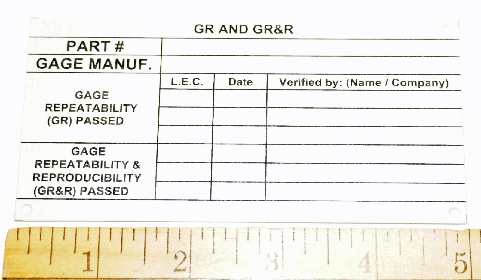 GR GR&R Aluminum Inspection Tag – Gauge Repeatability Reproducibility – QC 5x2.5