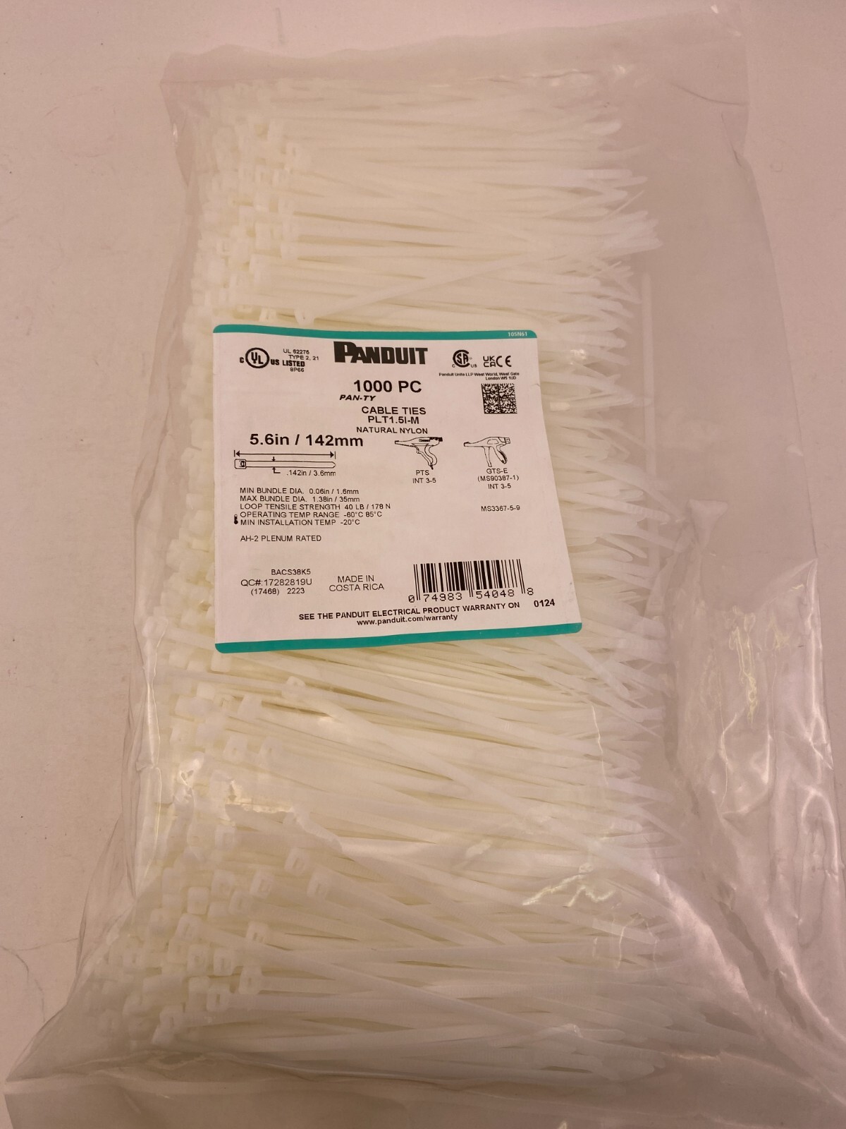 Panduit PLT1.5I-M Cable Ties 6"(5.6") Long  40lb Tensile Strength, 1000/Bag