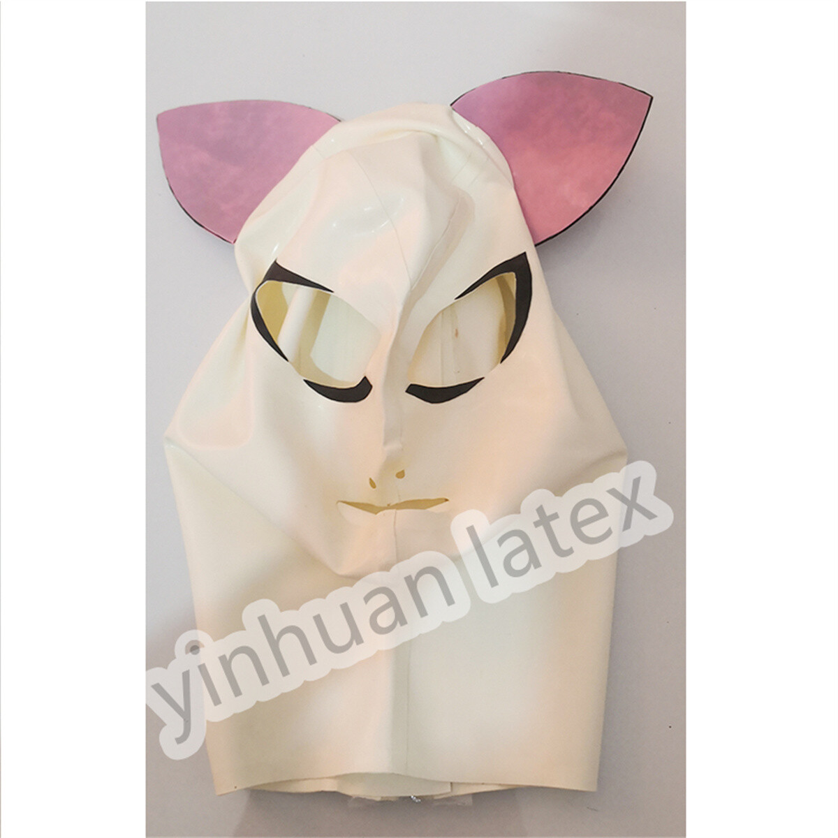 Cat Ear Latex Hood Mask White with Pink Back Zip Halloween Cosplay Costumes
