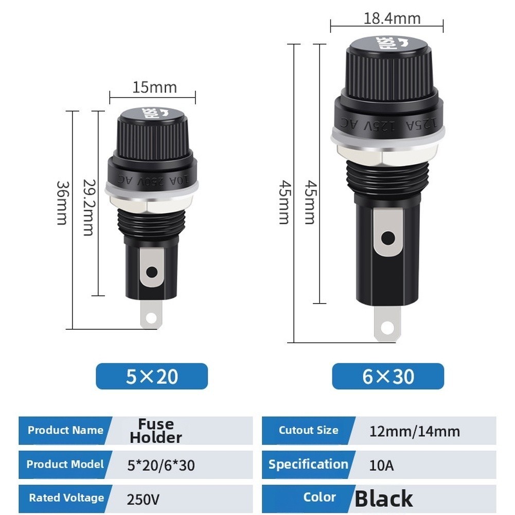 Black Knob Fuse Holder 20pcs 5x20mm and 6x30mm Size 250V Voltage Class