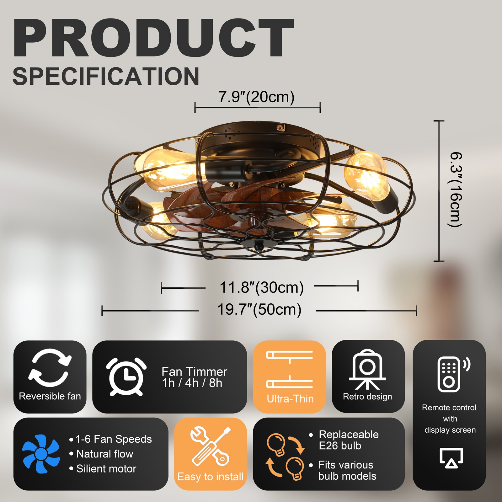 19.7" Industrial Caged Ceiling Fan with Light, 6-Speed, Remote, Timer