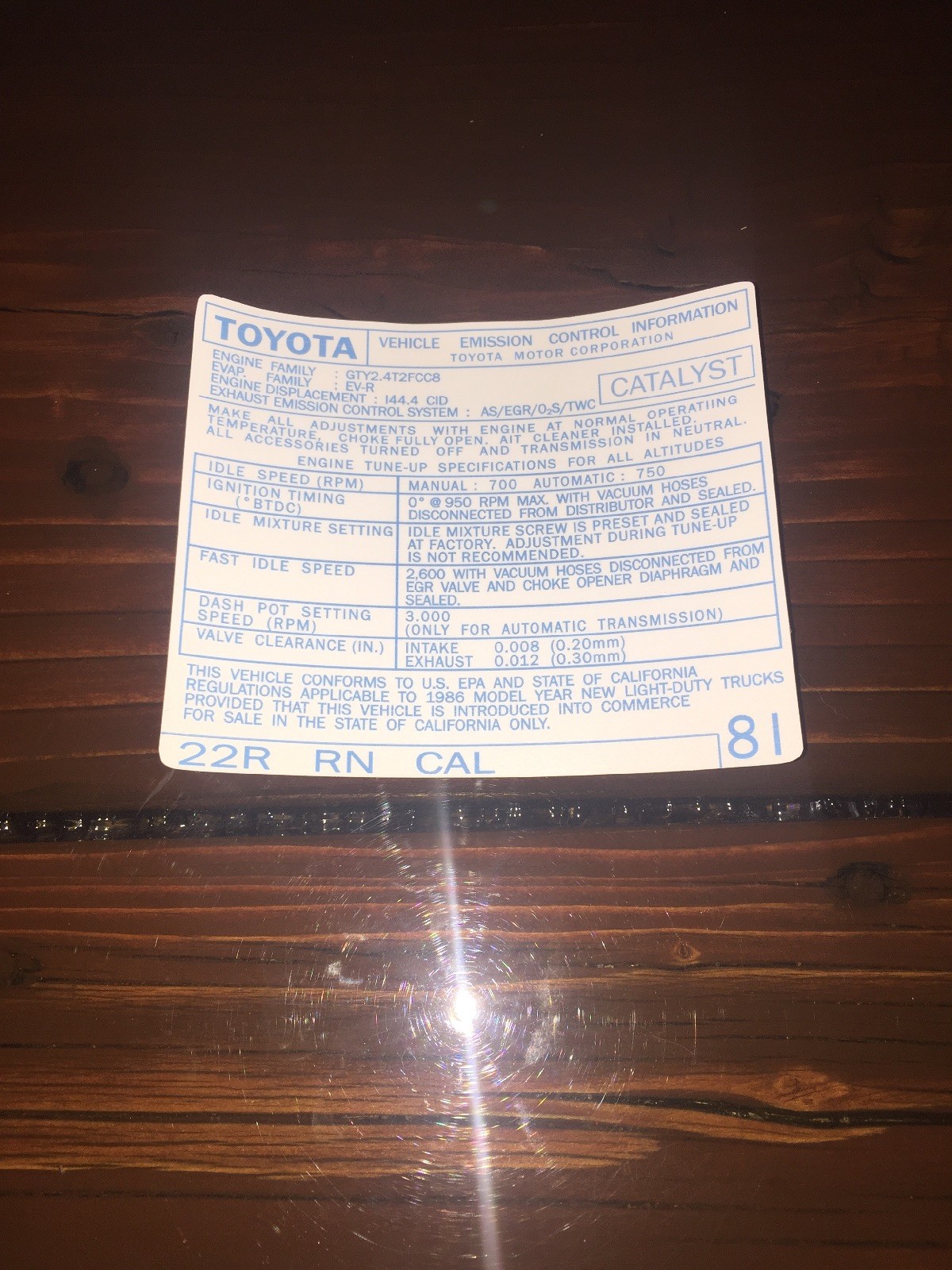 1986 22r Carb Toyota Pickup Truck/4runner Hilux Cal Emissions Decal Repro #81