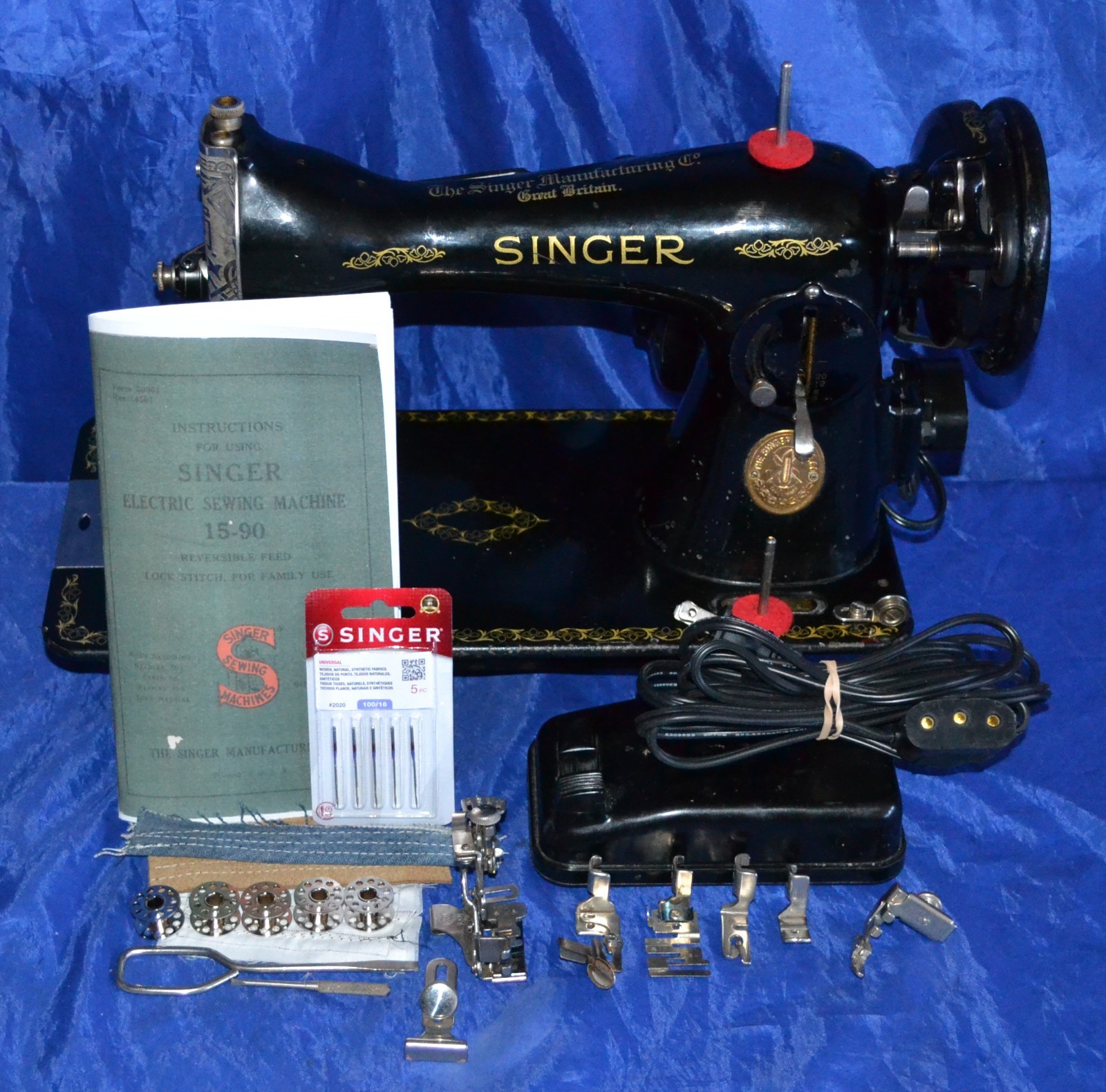 SINGER 15-90 SEWING MACHINE MANUAL ATTACHMENTS SERVICED 10-11-1949 SEWS LEATHER