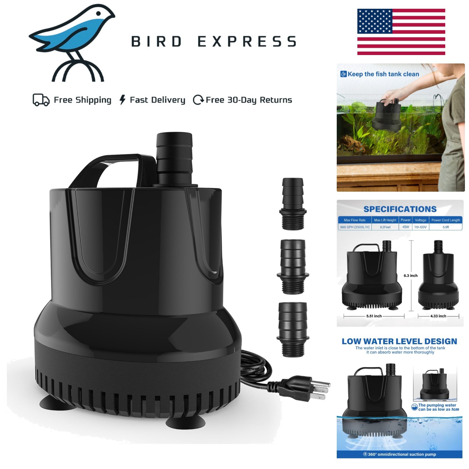 660GPH Submersible Water Pump Pond Fountain Pump Aquarium Fish Tank 8.2ft High L