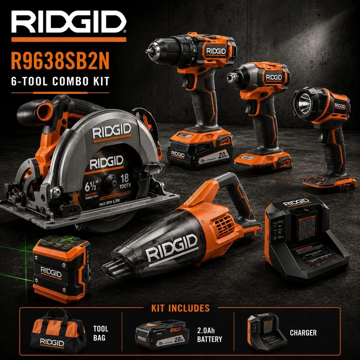 RIDGID R9638SB2N 18V Cordless 6 Tool Combo Kit w/ Battery Charger Bag New