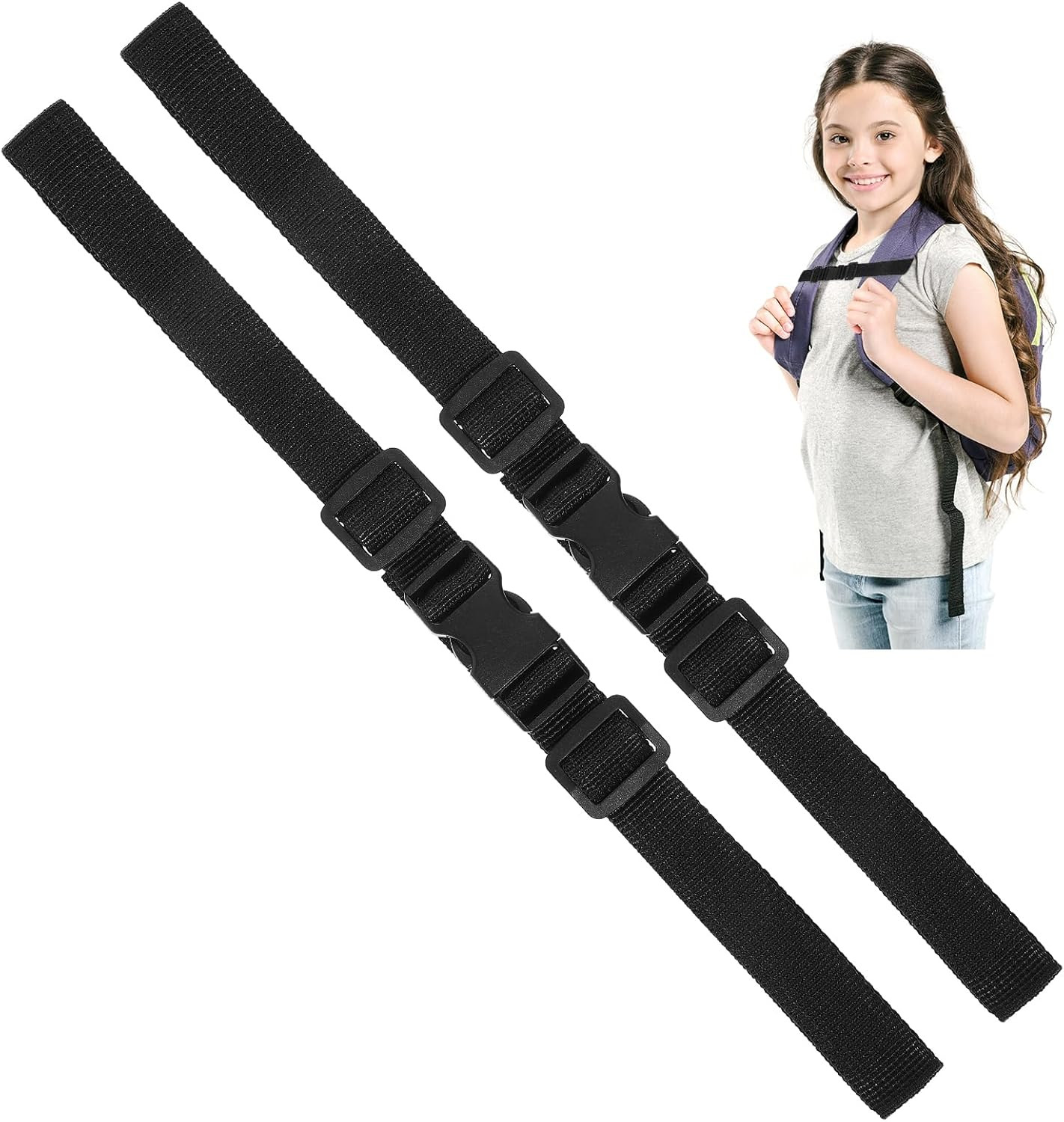 2 Pack Adjustable Backpack Chest Strap, Sternum Straps for Backpacks, Black